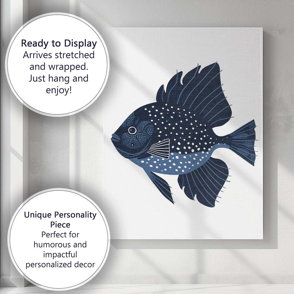 Navy Blue Spotted Angelfish Ocean Life Illustration Canvas Wall Art Print Decor Picture Ready to Hang
