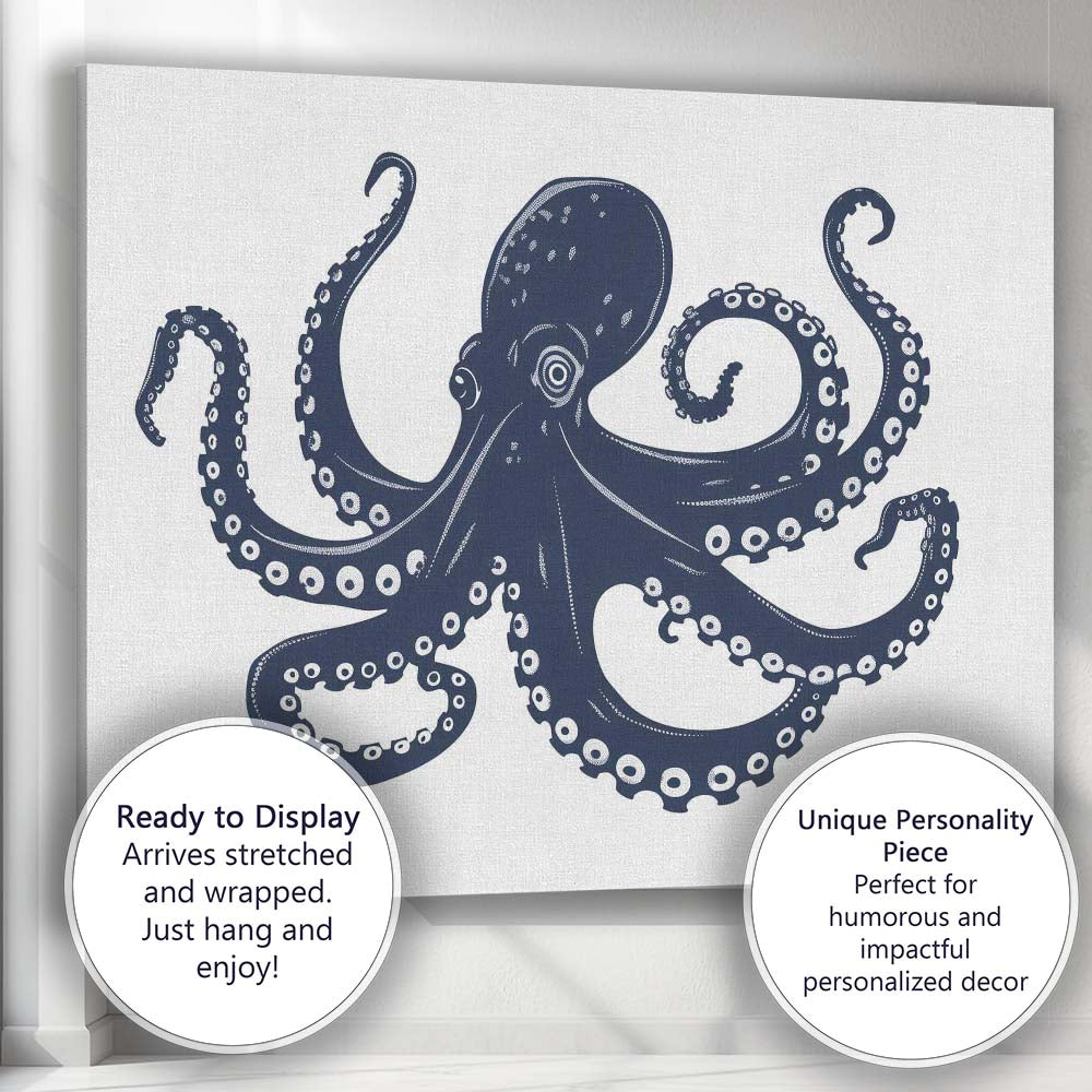 Detailed Navy Blue Octopus Marine Life Illustration Canvas Wall Art Print Decor Picture Ready to Hang