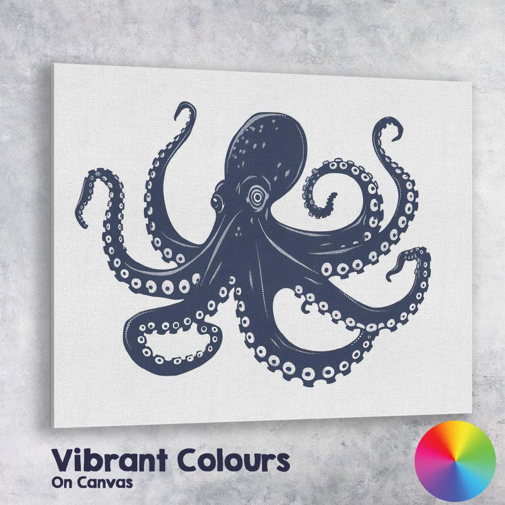 Detailed Navy Blue Octopus Marine Life Illustration Canvas Wall Art Print Decor Picture Ready to Hang
