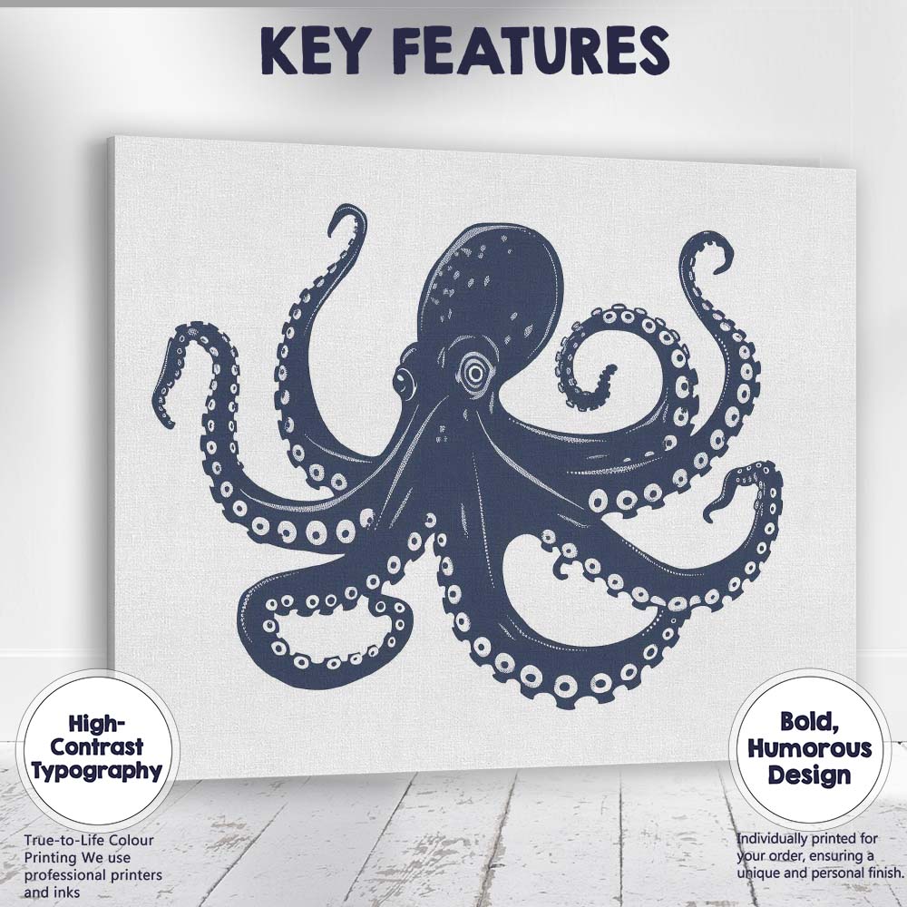 Detailed Navy Blue Octopus Marine Life Illustration Canvas Wall Art Print Decor Picture Ready to Hang