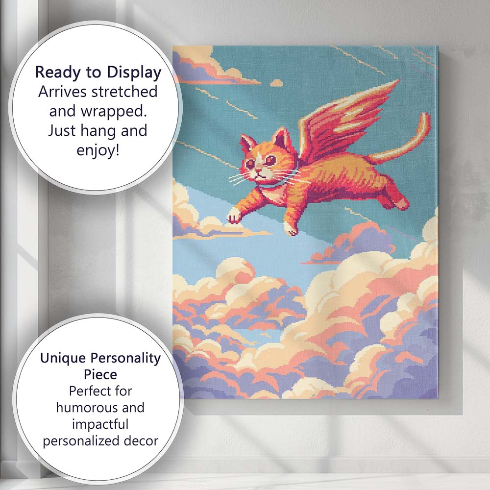 Retro Pixel Art Flying Winged Ginger Cat Fantasy Canvas Wall Art Print Decor Picture Ready to Hang