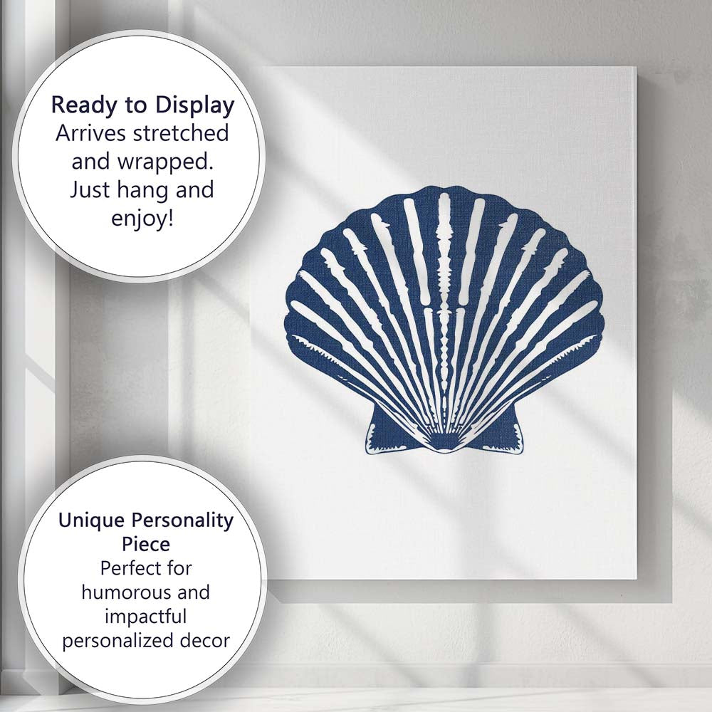 Minimalist Navy Blue Scallop Seashell Coastal Illustration Canvas Wall Art Print Decor Picture Ready to Hang