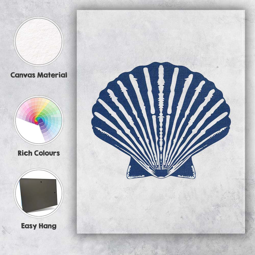 Minimalist Navy Blue Scallop Seashell Coastal Illustration Canvas Wall Art Print Decor Picture Ready to Hang