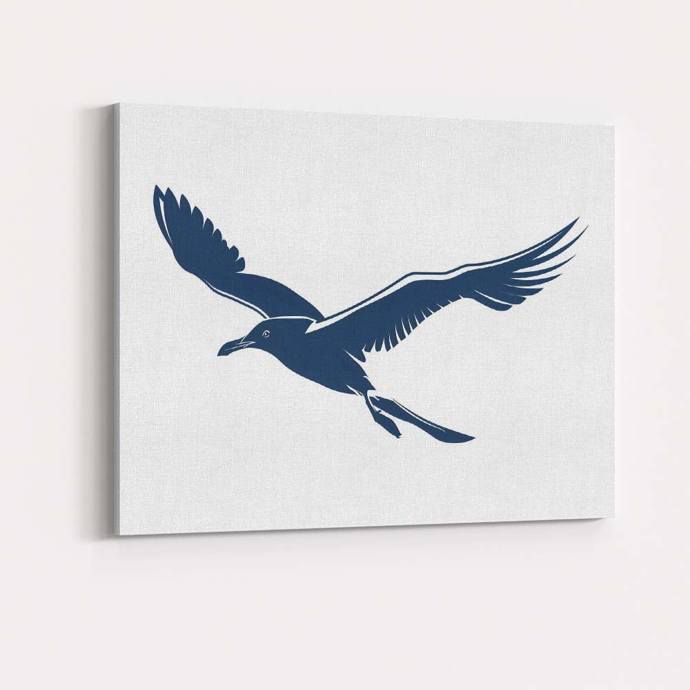 Elegant Navy Blue Flying Seagull Coastal Wildlife Silhouette Canvas Wall Art Print Decor Picture Ready to Hang