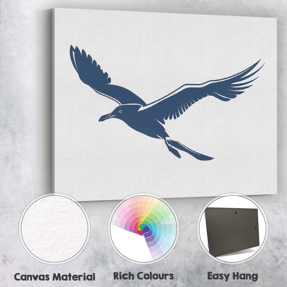 Elegant Navy Blue Flying Seagull Coastal Wildlife Silhouette Canvas Wall Art Print Decor Picture Ready to Hang