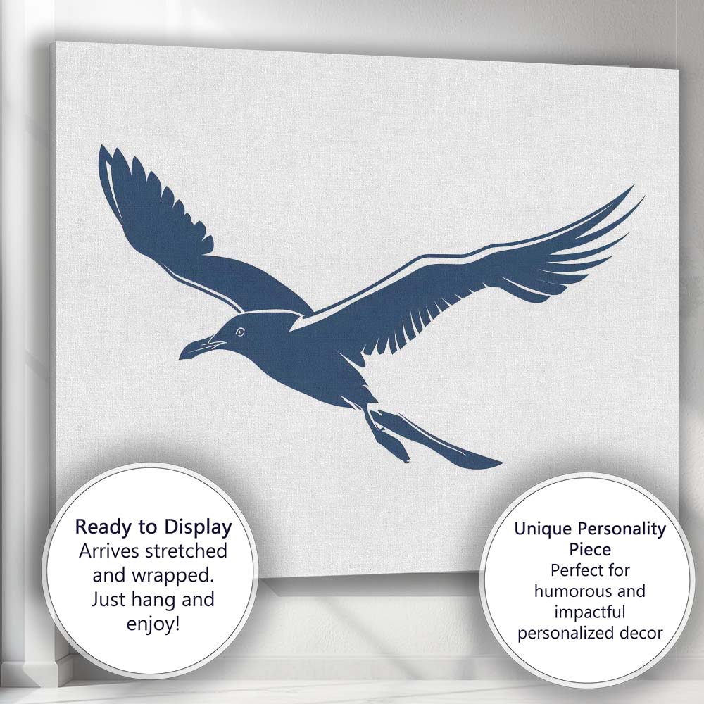 Elegant Navy Blue Flying Seagull Coastal Wildlife Silhouette Canvas Wall Art Print Decor Picture Ready to Hang