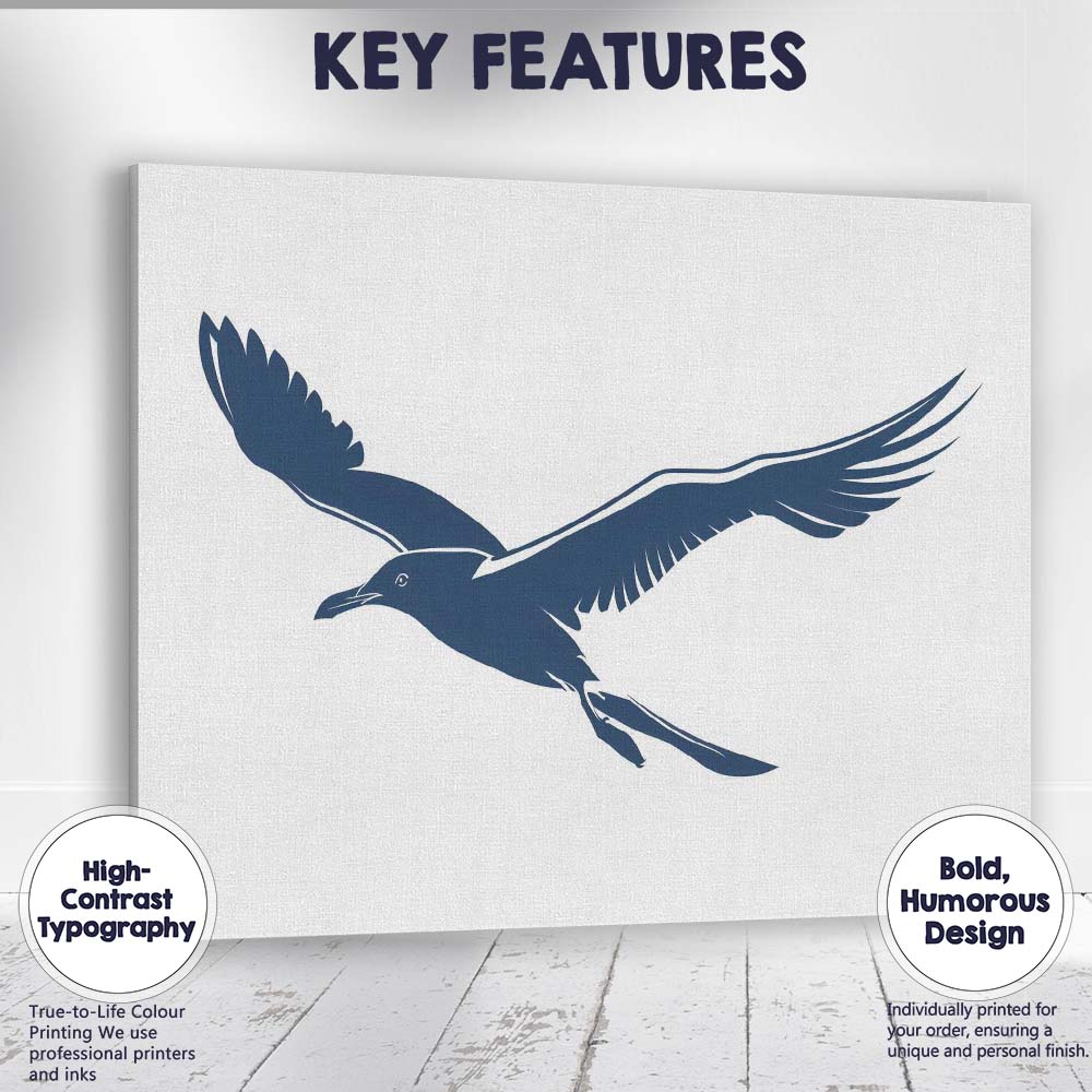 Elegant Navy Blue Flying Seagull Coastal Wildlife Silhouette Canvas Wall Art Print Decor Picture Ready to Hang