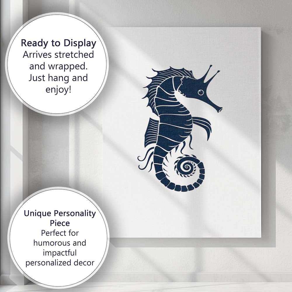 Detailed Navy Blue Seahorse Marine Life Illustration Canvas Wall Art Print Decor Picture Ready to Hang