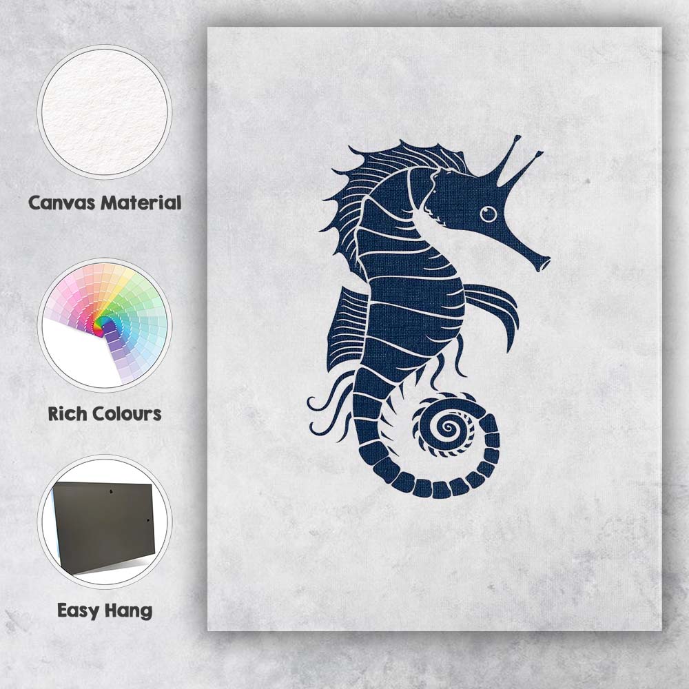Detailed Navy Blue Seahorse Marine Life Illustration Canvas Wall Art Print Decor Picture Ready to Hang