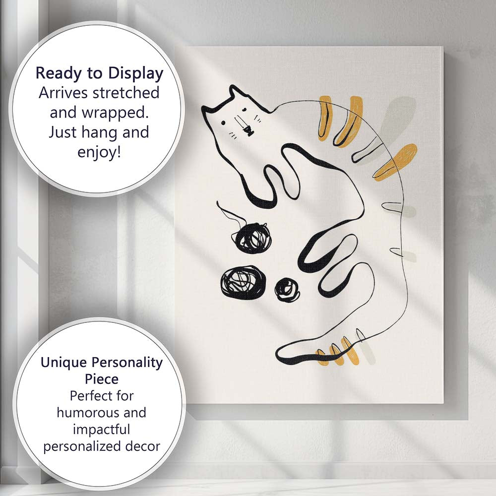 Minimalist Playful Ginger Cat Line Drawing Illustration Canvas Wall Art Print Decor Picture Ready to Hang