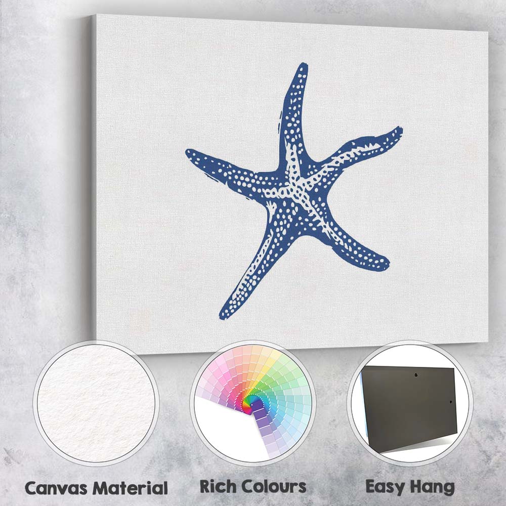 Blue Coastal Starfish Marine Life Illustration Canvas Wall Art Print Decor Picture Ready to Hang