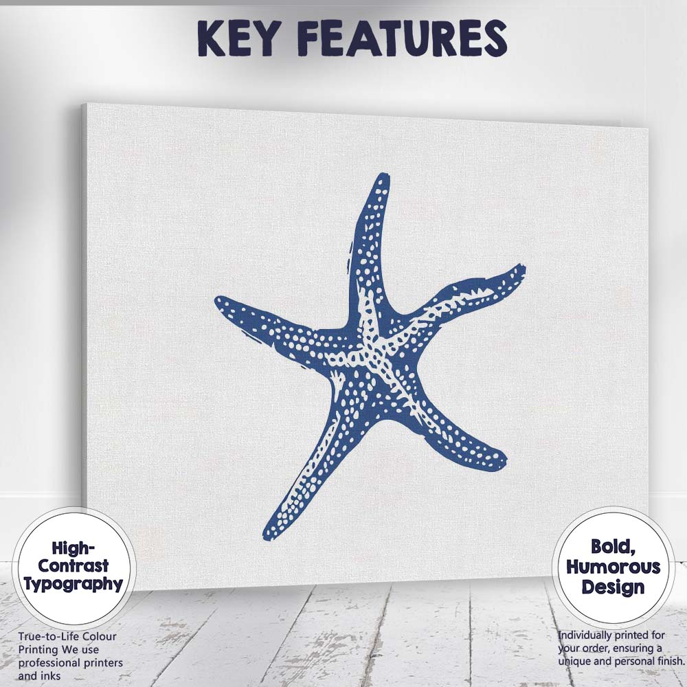 Blue Coastal Starfish Marine Life Illustration Canvas Wall Art Print Decor Picture Ready to Hang