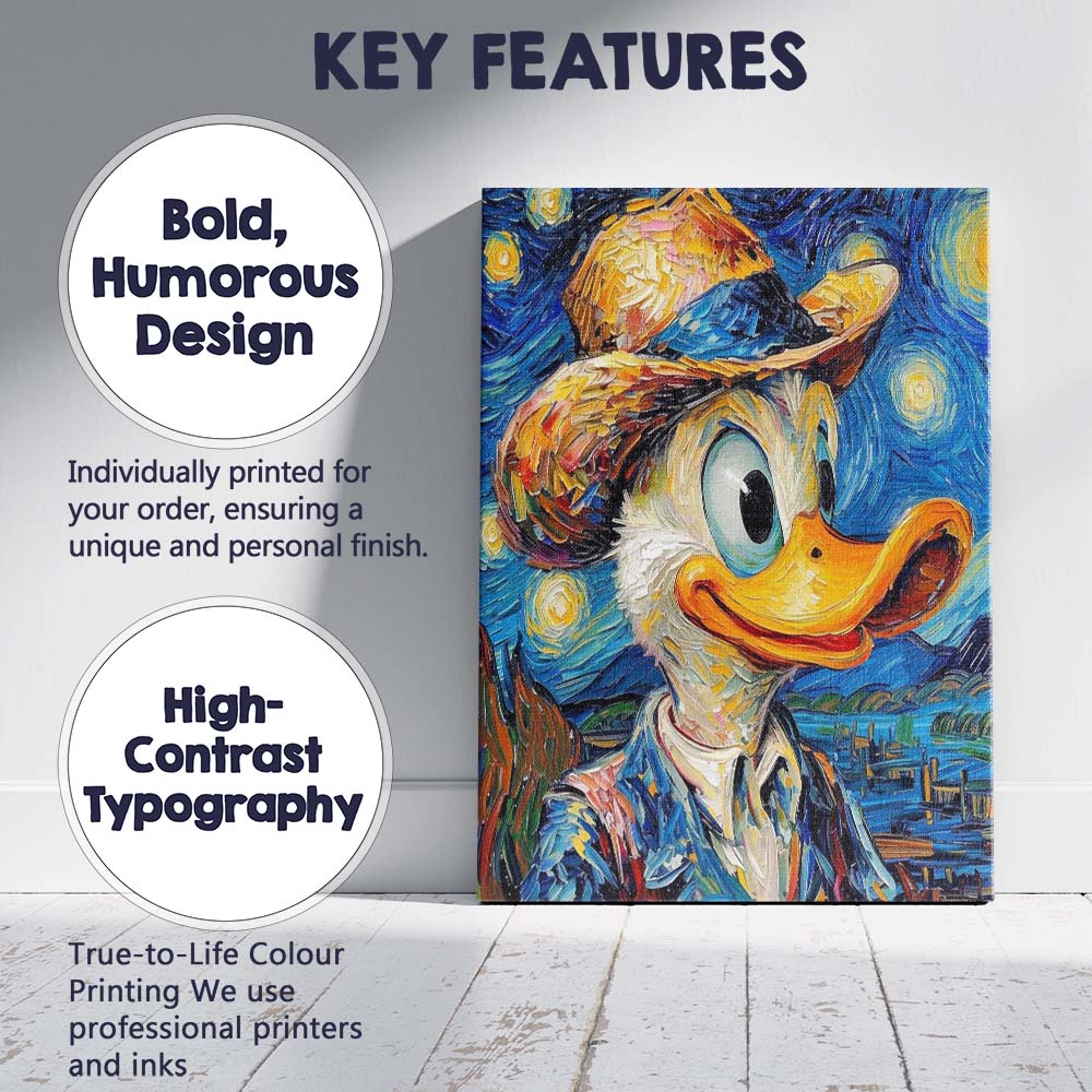 Van Gogh Style Donald Duck Colourful Artistic Portrait Canvas Wall Art Print Decor Picture Ready to Hang
