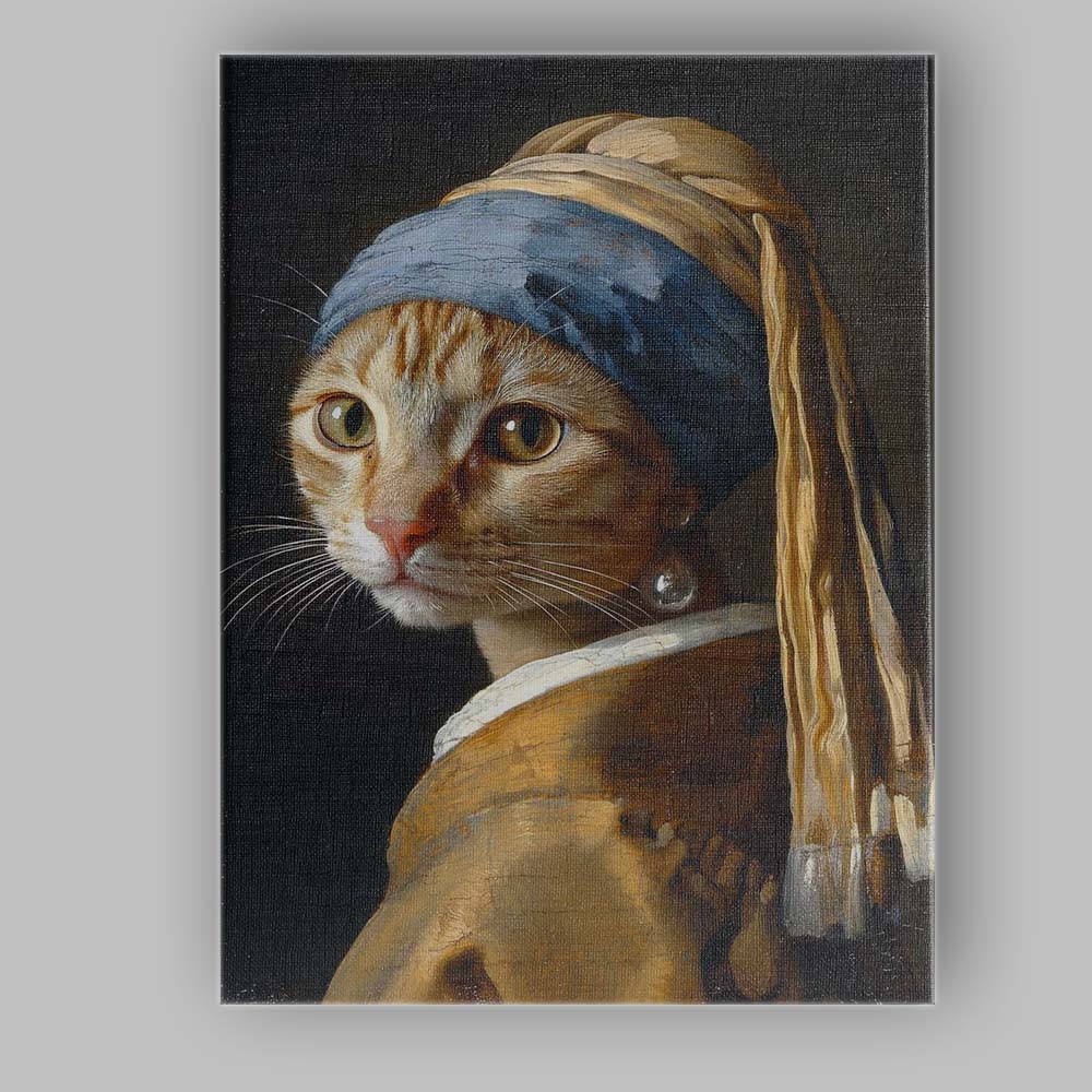 Girl With Pearl Earring Style Ginger Tabby Cat Portrait Canvas Wall Art Print Decor Picture Ready to Hang