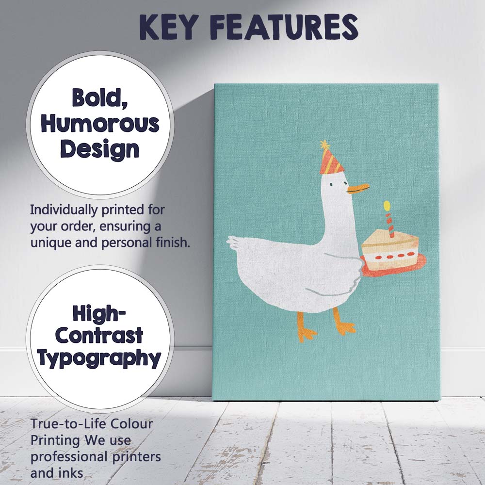 Cute Birthday Goose With Cake Whimsical Animal Illustration Canvas Wall Art Print Decor Picture Ready to Hang