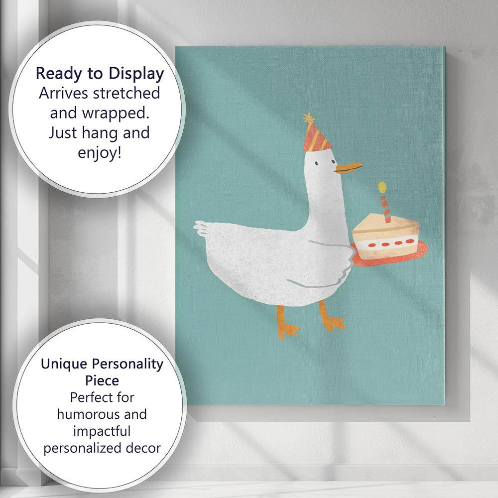 Cute Birthday Goose With Cake Whimsical Animal Illustration Canvas Wall Art Print Decor Picture Ready to Hang