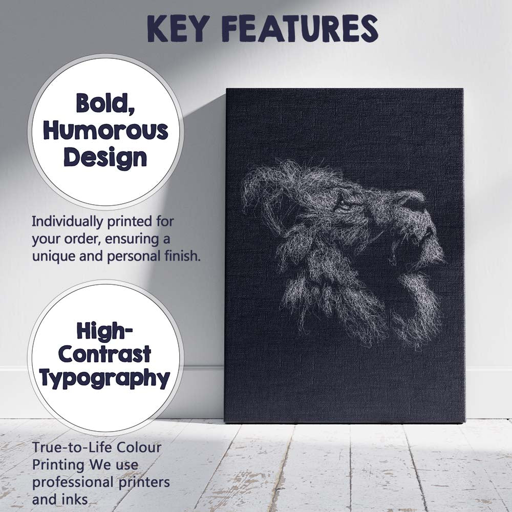 Abstract White Line Art Lion Sketch Dark Background Canvas Wall Art Print Decor Picture Ready to Hang