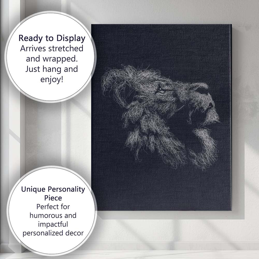 Abstract White Line Art Lion Sketch Dark Background Canvas Wall Art Print Decor Picture Ready to Hang