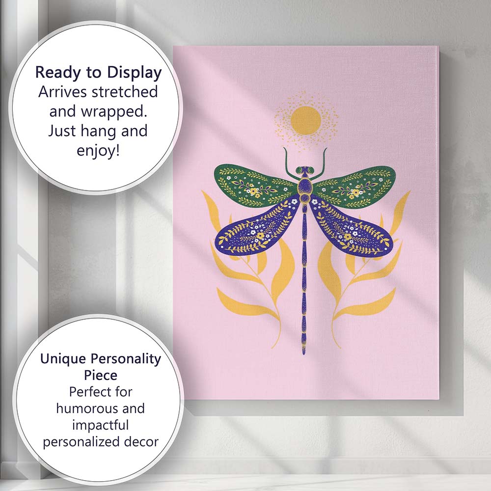 Decorative Floral Dragonfly Folk Art Illustration Canvas Wall Art Print Decor Picture Ready to Hang