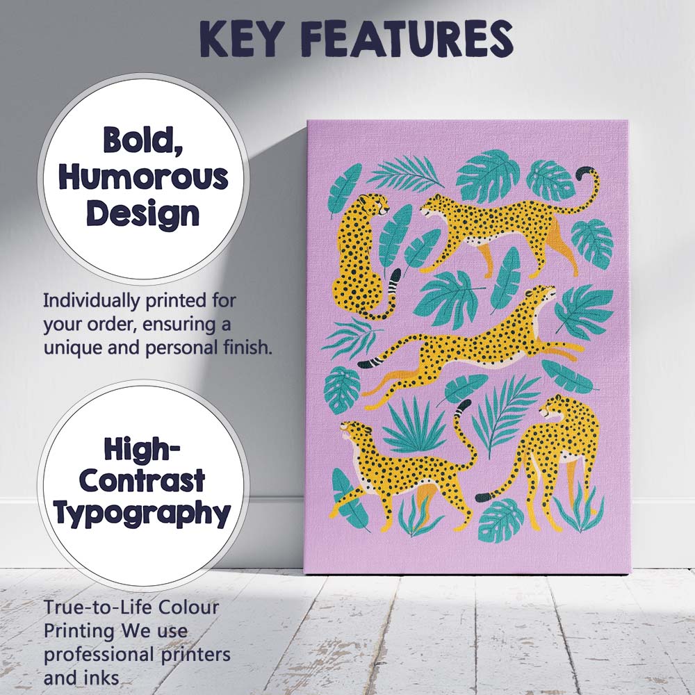 Lilac Tropical Cheetah Wildlife Botanical Illustration Canvas Wall Art Print Decor Picture Ready to Hang