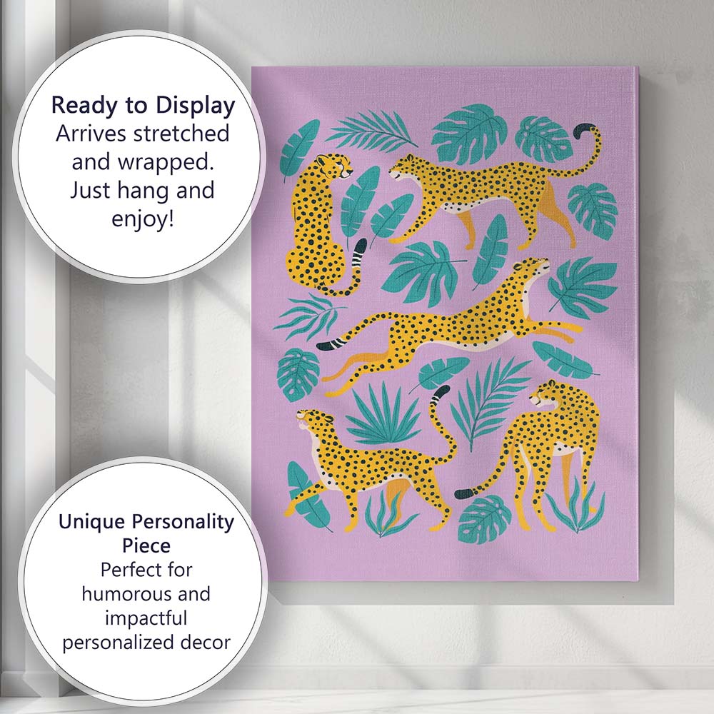 Lilac Tropical Cheetah Wildlife Botanical Illustration Canvas Wall Art Print Decor Picture Ready to Hang