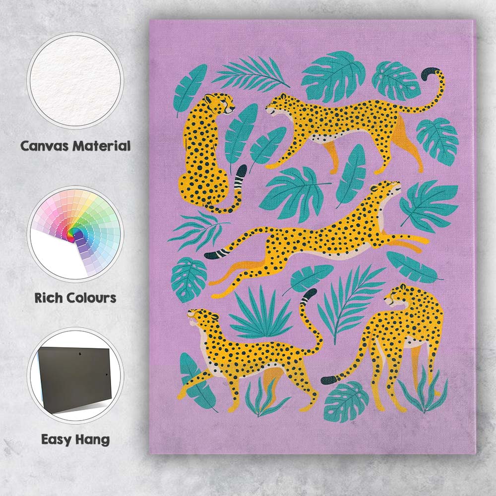 Lilac Tropical Cheetah Wildlife Botanical Illustration Canvas Wall Art Print Decor Picture Ready to Hang