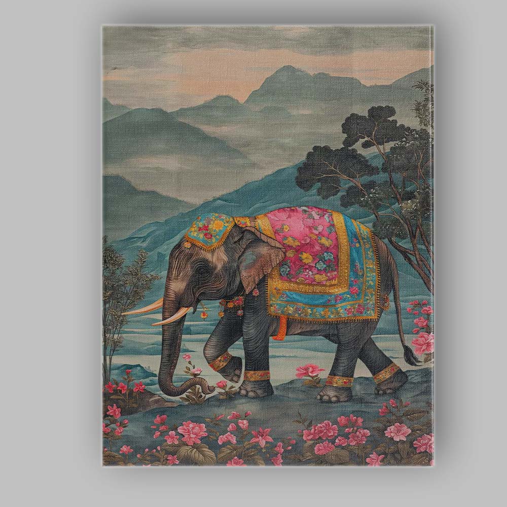 Decorated Asian Elephant Floral Mountain Landscape Canvas Wall Art Print Decor Picture Ready to Hang