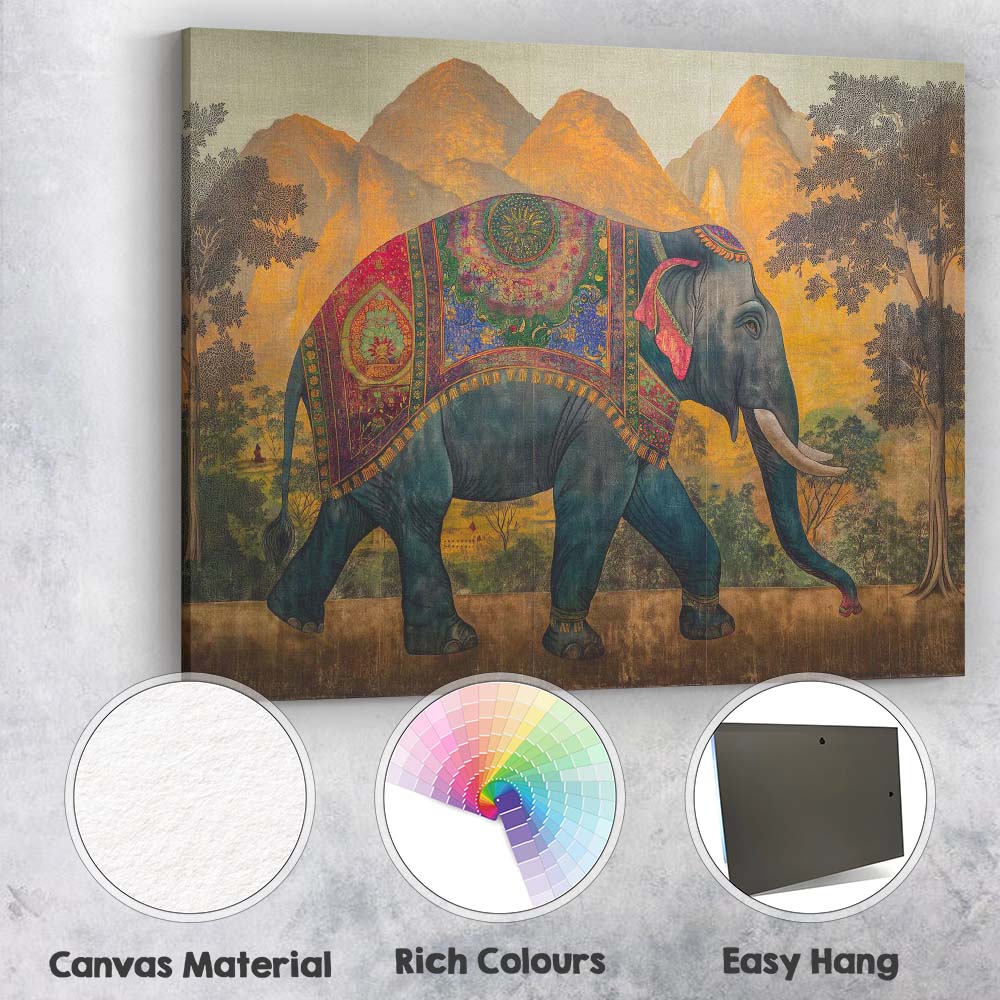Traditional Decorated Asian Elephant Mountain Landscape Canvas Wall Art Print Decor Picture Ready to Hang