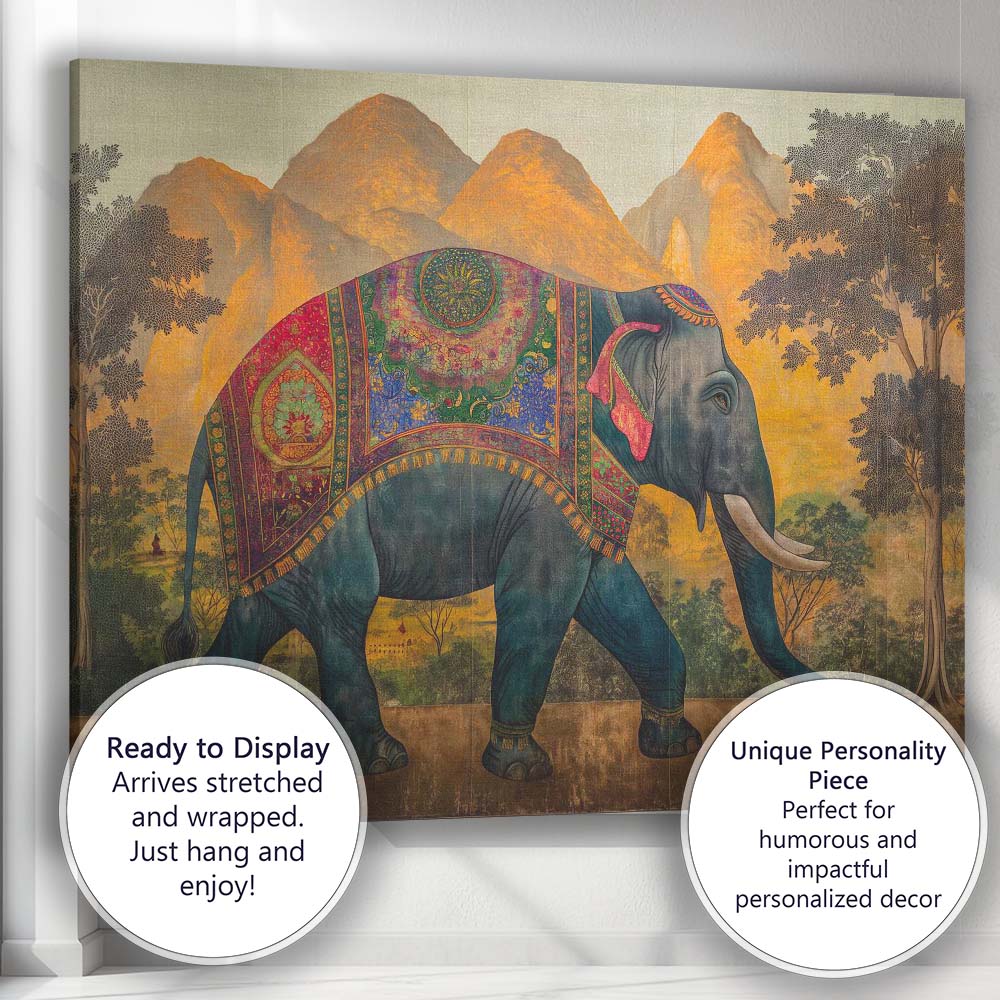 Traditional Decorated Asian Elephant Mountain Landscape Canvas Wall Art Print Decor Picture Ready to Hang