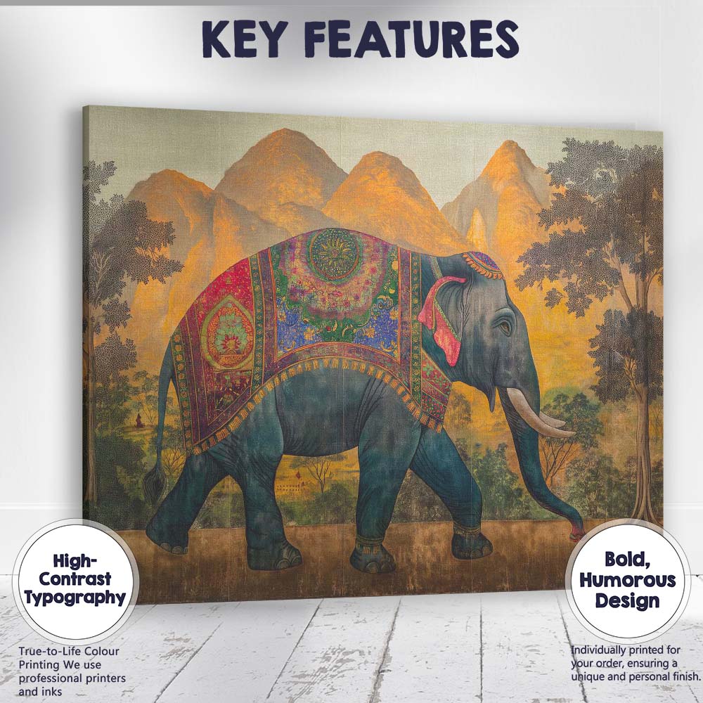 Traditional Decorated Asian Elephant Mountain Landscape Canvas Wall Art Print Decor Picture Ready to Hang