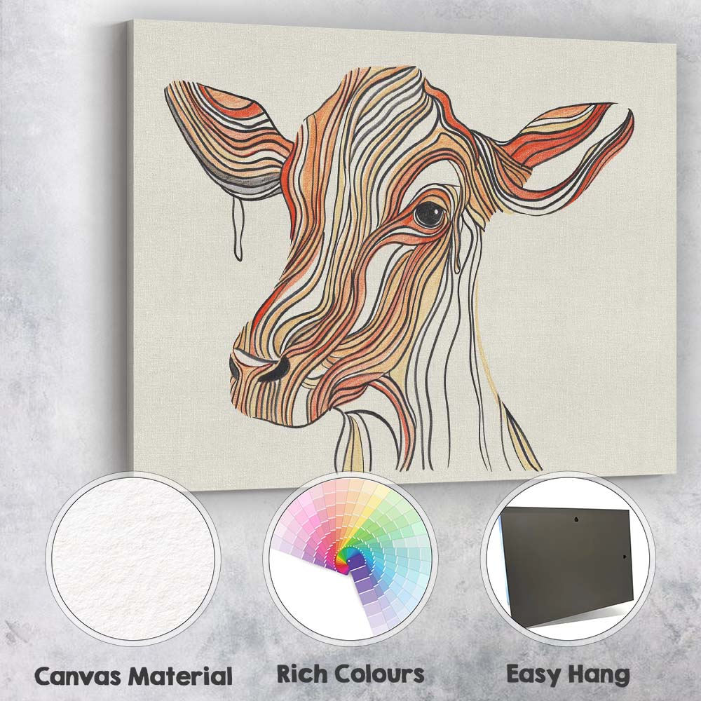 Abstract Flowing Line Art Cow Portrait Minimalist Canvas Wall Art Print Decor Picture Ready to Hang