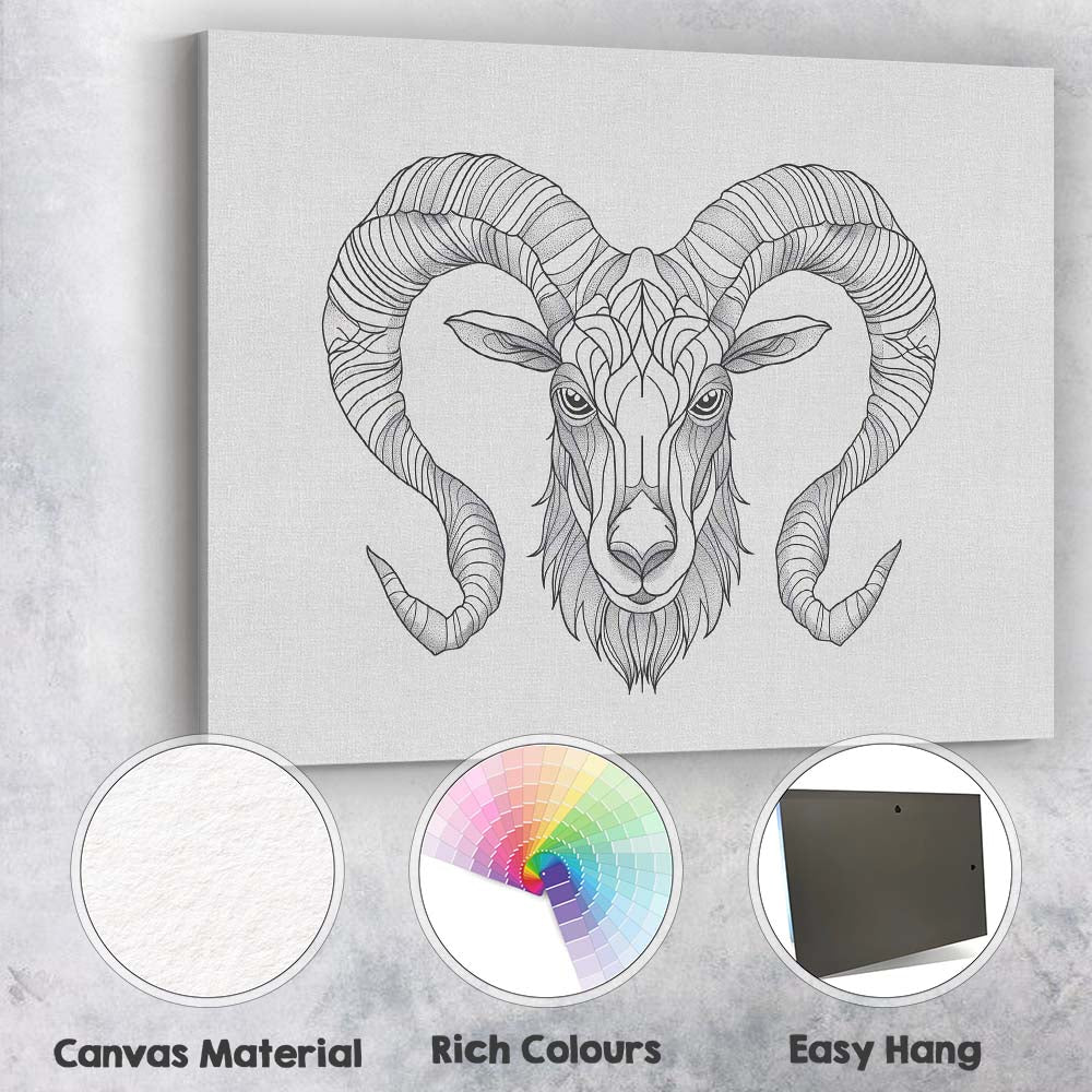 Intricate Ram Head Line Art Monochrome Wildlife Canvas Wall Art Print Decor Picture Ready to Hang