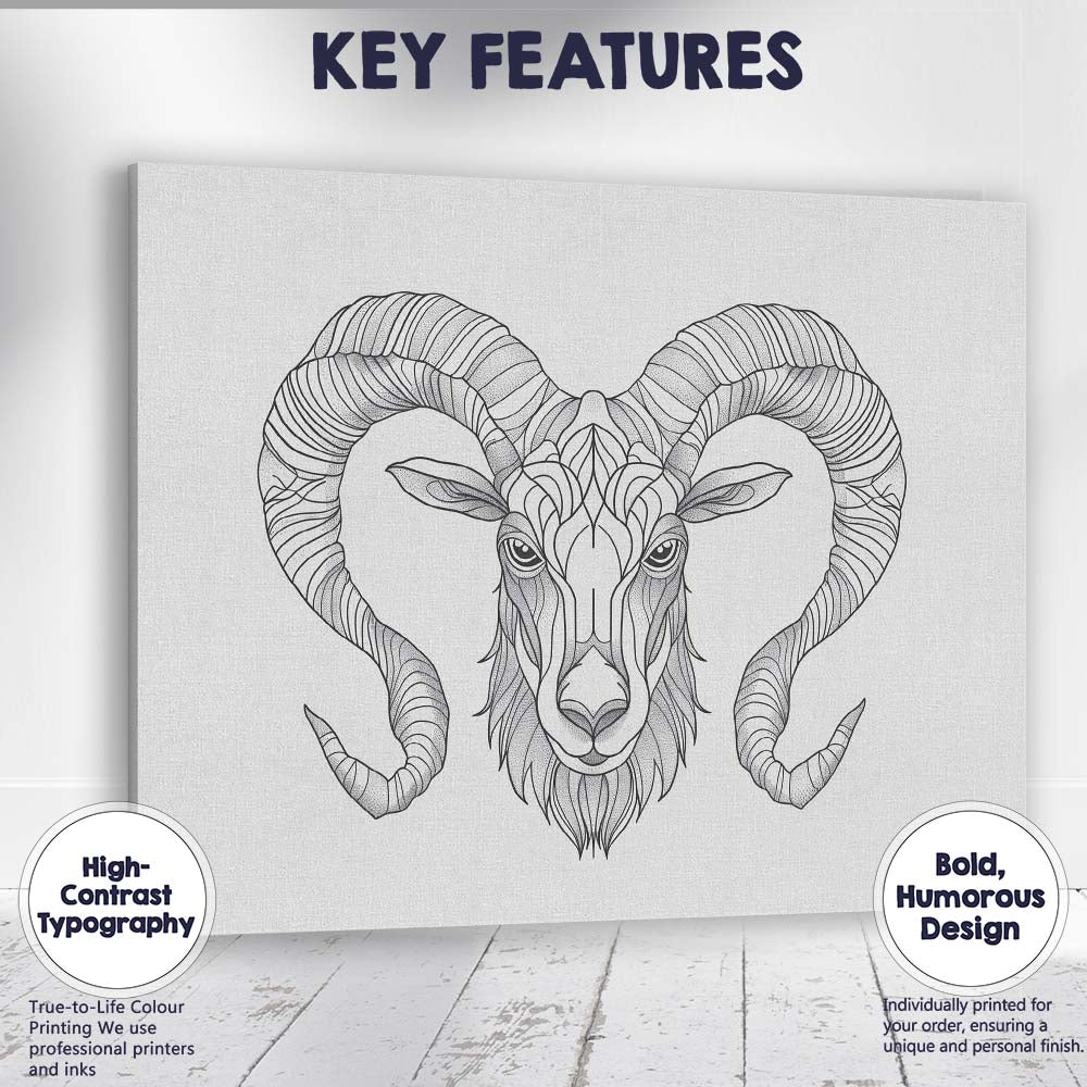 Intricate Ram Head Line Art Monochrome Wildlife Canvas Wall Art Print Decor Picture Ready to Hang