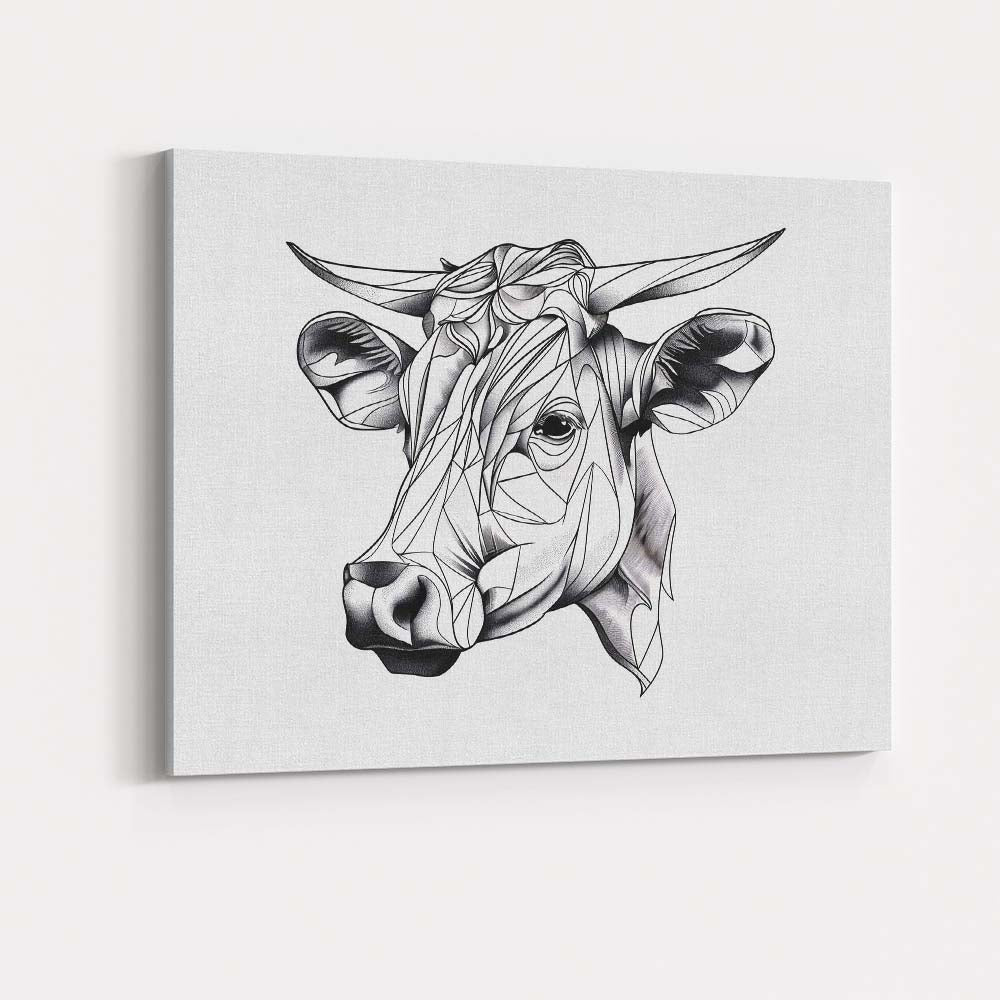 Modern Geometric Highland Cow Portrait Monochrome Canvas Wall Art Print Decor Picture Ready to Hang