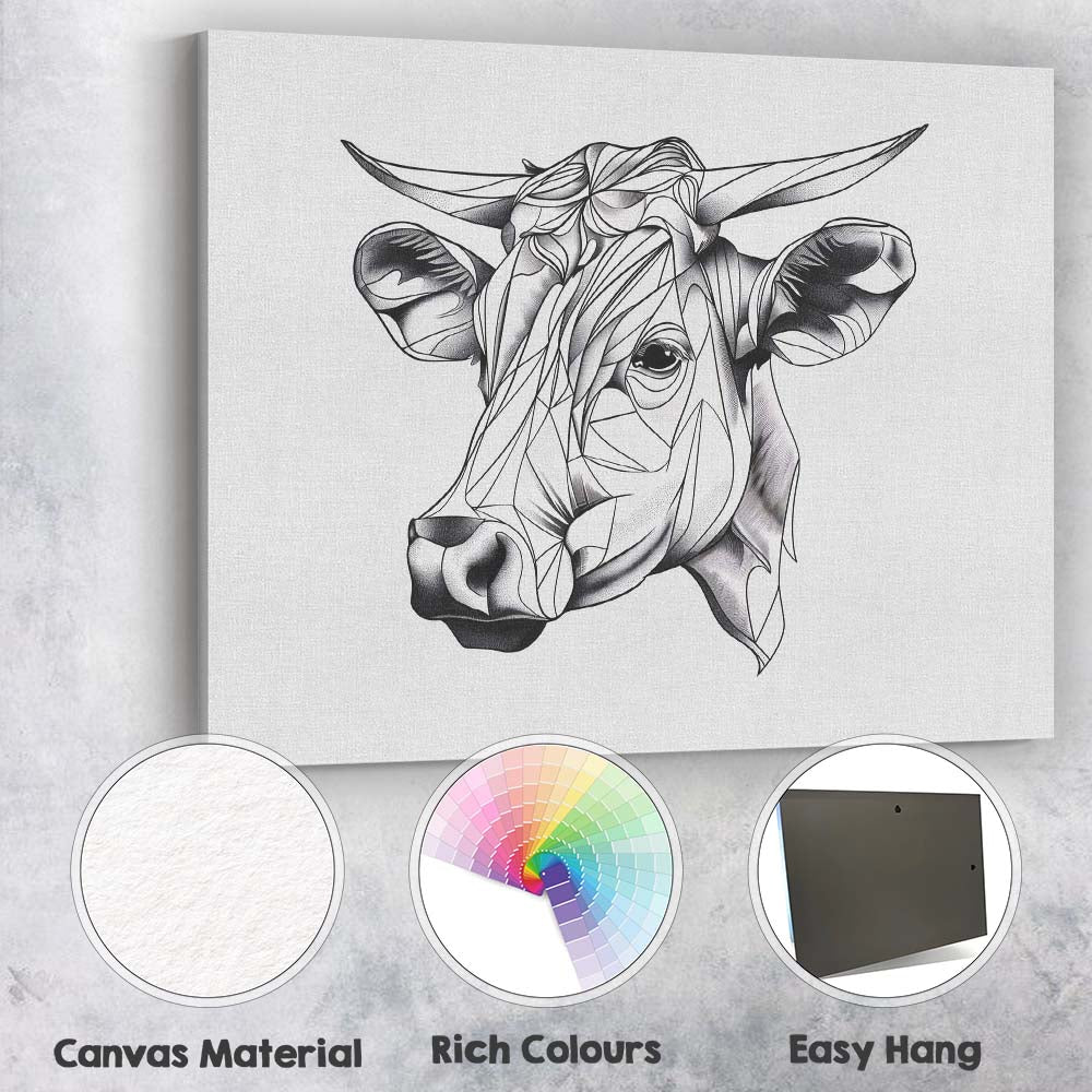 Modern Geometric Highland Cow Portrait Monochrome Canvas Wall Art Print Decor Picture Ready to Hang