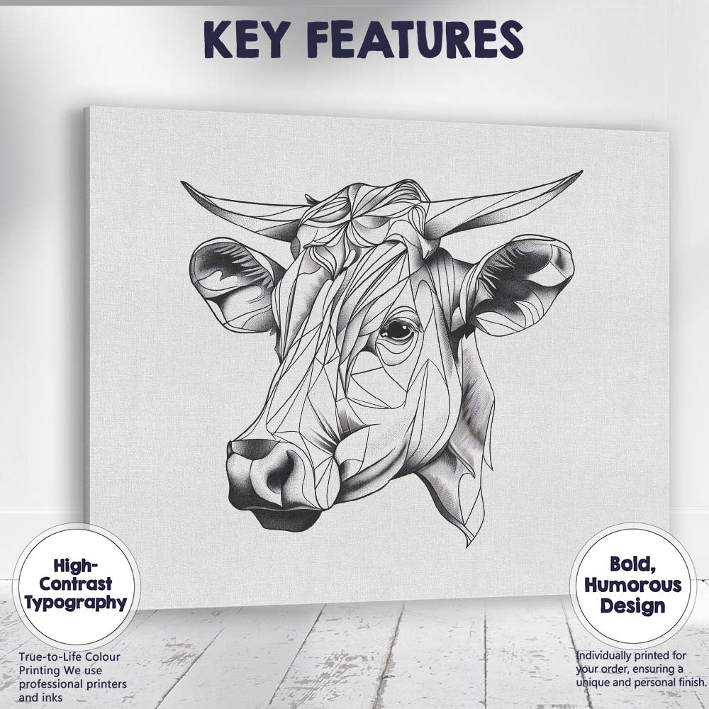 Modern Geometric Highland Cow Portrait Monochrome Canvas Wall Art Print Decor Picture Ready to Hang