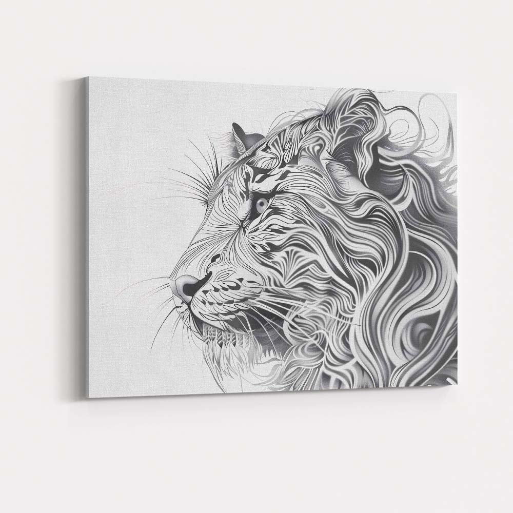 Elegant Flowing Line Lion Portrait Monochrome Wildlife Canvas Wall Art Print Decor Picture Ready to Hang