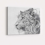 Elegant Flowing Line Lion Portrait Monochrome Wildlife Canvas Wall Art Print Decor Picture Ready to Hang