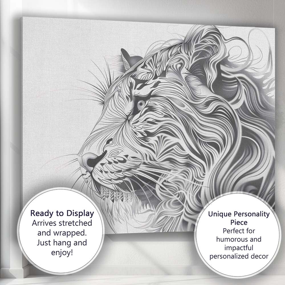 Elegant Flowing Line Lion Portrait Monochrome Wildlife Canvas Wall Art Print Decor Picture Ready to Hang
