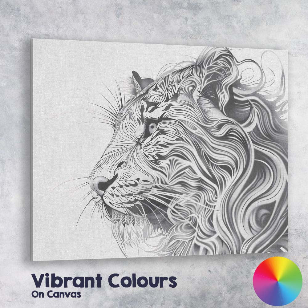 Elegant Flowing Line Lion Portrait Monochrome Wildlife Canvas Wall Art Print Decor Picture Ready to Hang