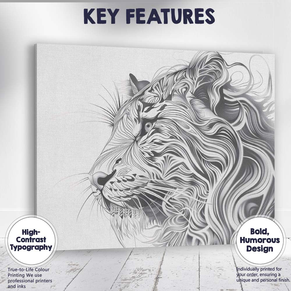 Elegant Flowing Line Lion Portrait Monochrome Wildlife Canvas Wall Art Print Decor Picture Ready to Hang