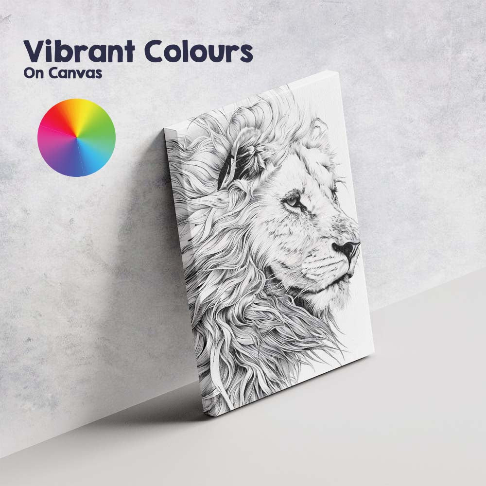 Detailed Black White Lion Profile Fine Line Illustration Canvas Wall Art Print Decor Picture Ready to Hang