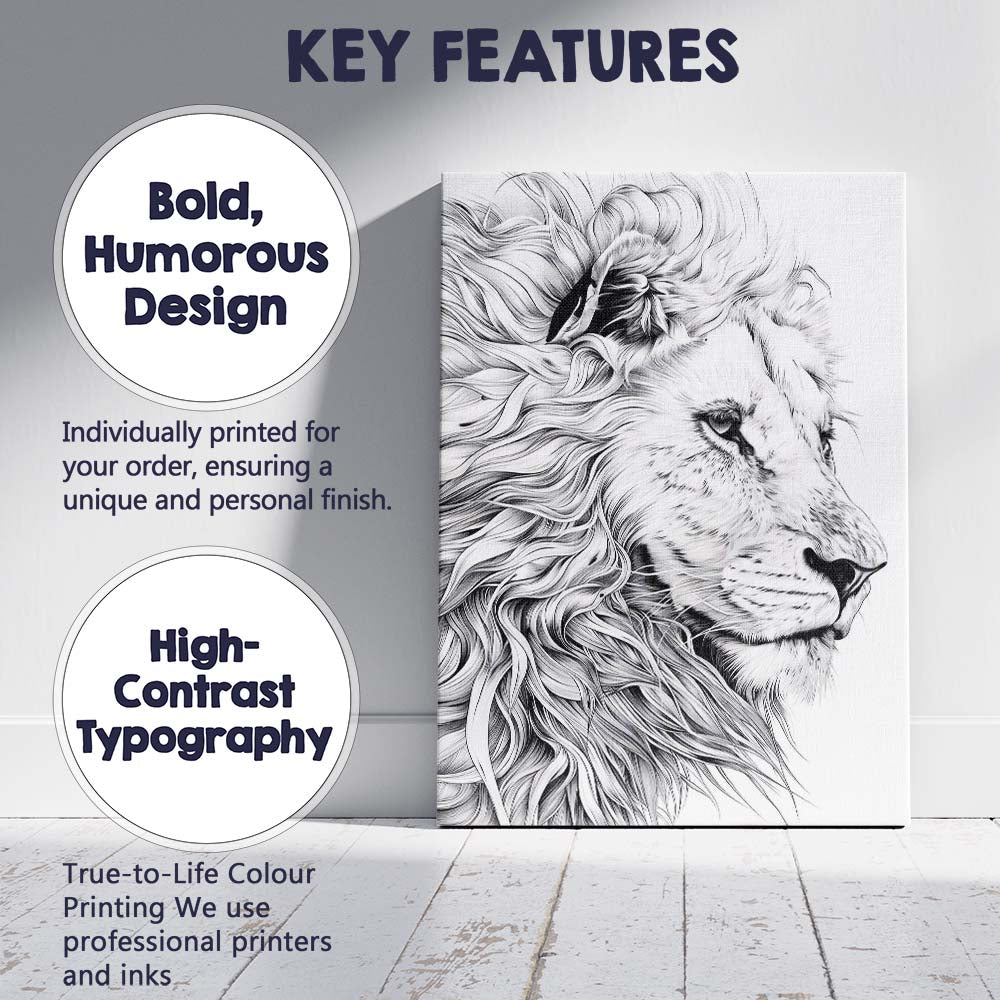 Detailed Black White Lion Profile Fine Line Illustration Canvas Wall Art Print Decor Picture Ready to Hang