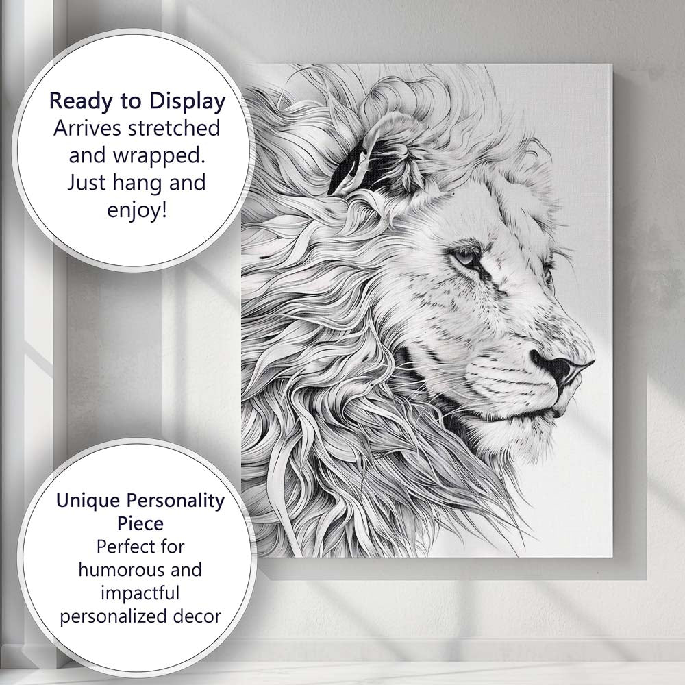 Detailed Black White Lion Profile Fine Line Illustration Canvas Wall Art Print Decor Picture Ready to Hang