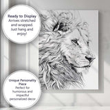 Detailed Black White Lion Profile Fine Line Illustration Canvas Wall Art Print Decor Picture Ready to Hang