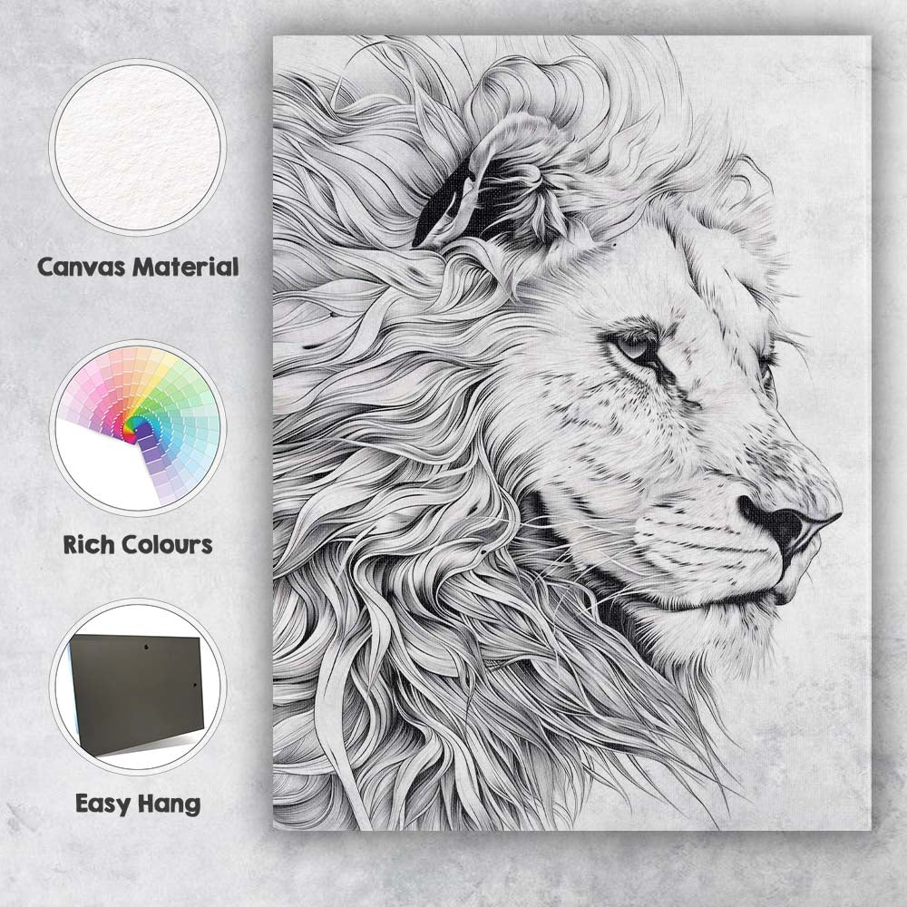 Detailed Black White Lion Profile Fine Line Illustration Canvas Wall Art Print Decor Picture Ready to Hang