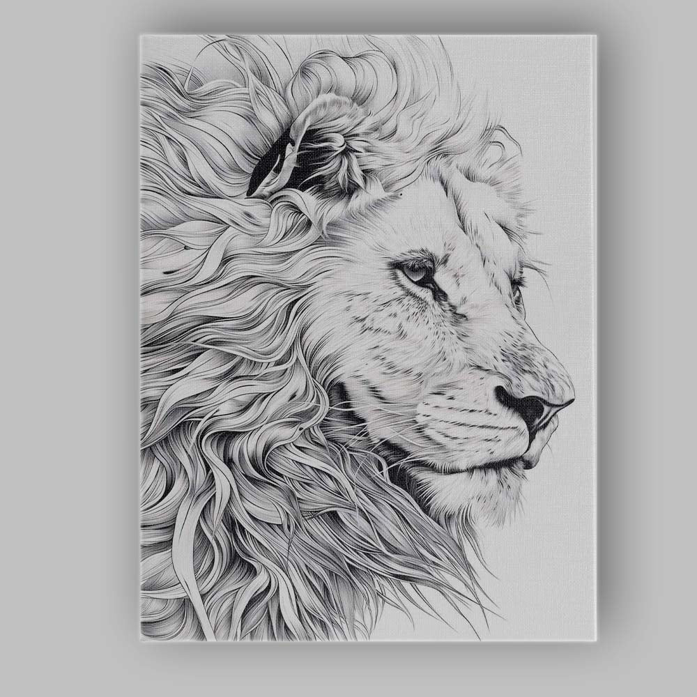 Detailed Black White Lion Profile Fine Line Illustration Canvas Wall Art Print Decor Picture Ready to Hang