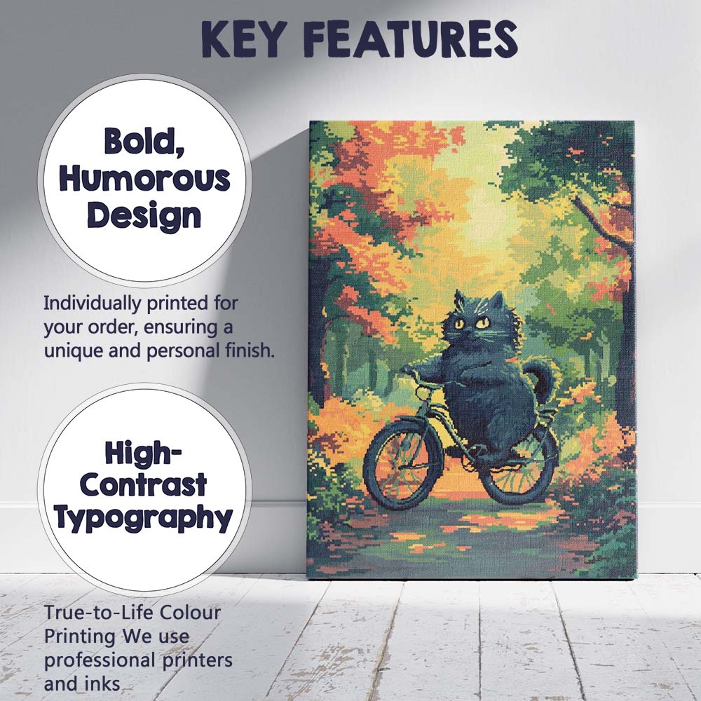 Cute Black Cat Riding Bicycle Autumn Forest Illustration Canvas Wall Art Print Decor Picture Ready to Hang