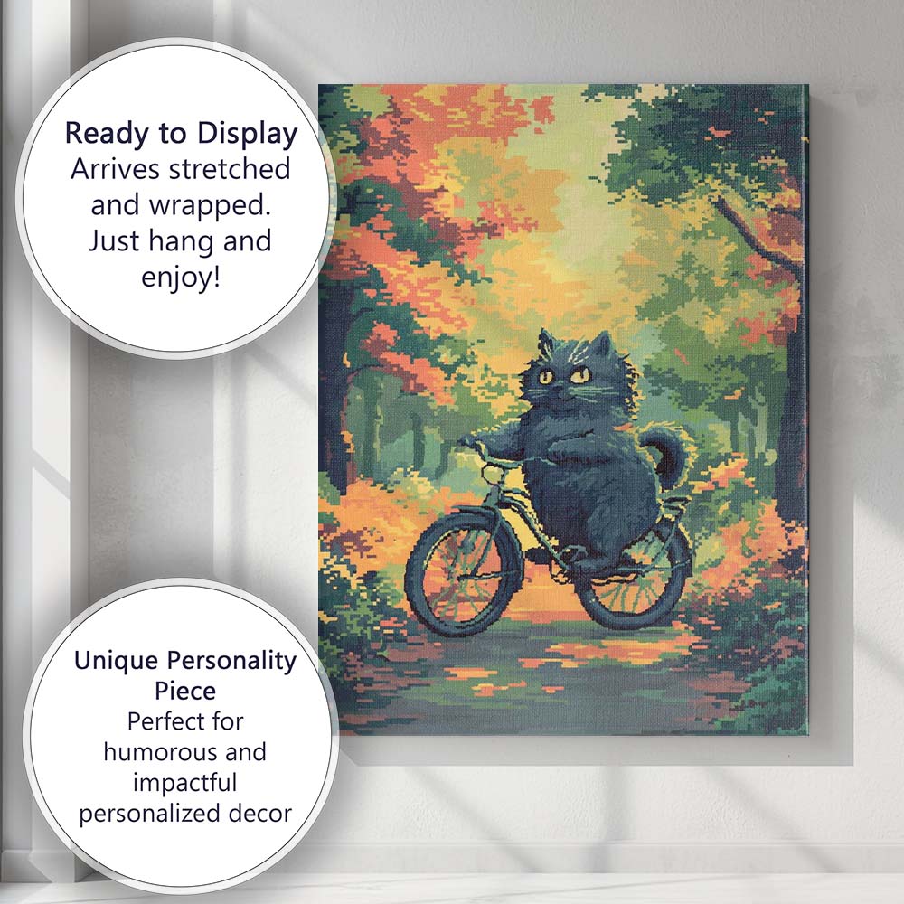 Cute Black Cat Riding Bicycle Autumn Forest Illustration Canvas Wall Art Print Decor Picture Ready to Hang