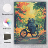 Cute Black Cat Riding Bicycle Autumn Forest Illustration Canvas Wall Art Print Decor Picture Ready to Hang